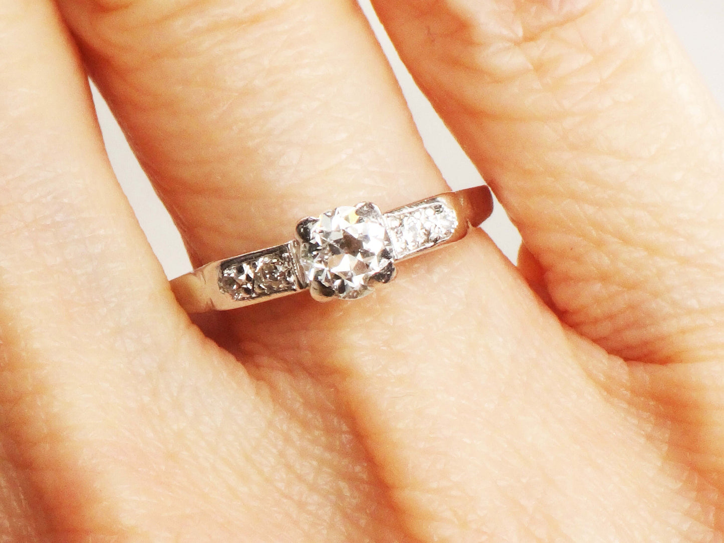 Vintage Platinum Diamond Engagement Ring: Transitional Cut, Circa 1940s, Size 7.5
