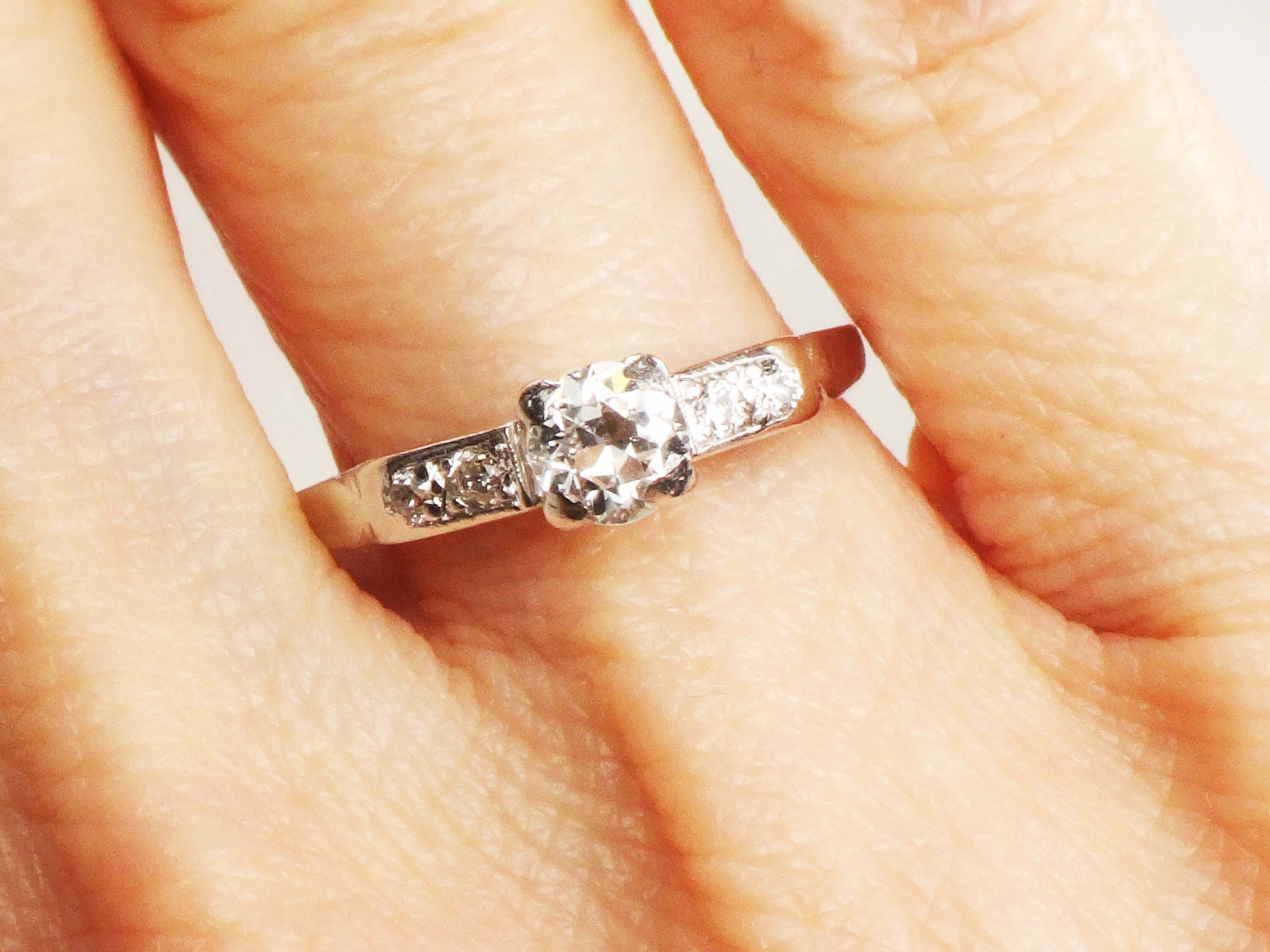 Vintage Platinum Diamond Engagement Ring: Transitional Cut, Circa 1940s, Size 7.5