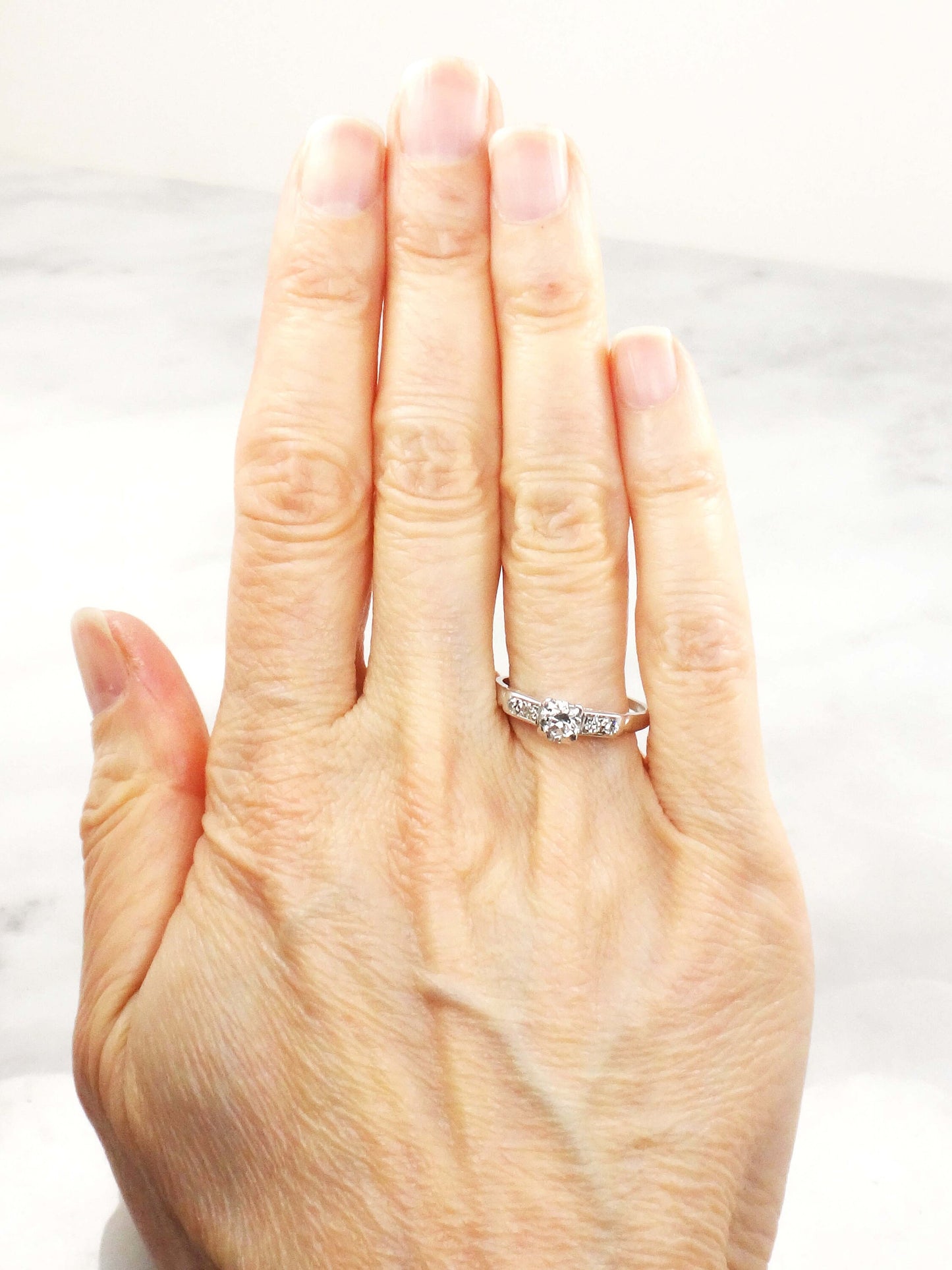 Vintage Platinum Diamond Engagement Ring: Transitional Cut, Circa 1940s, Size 7.5