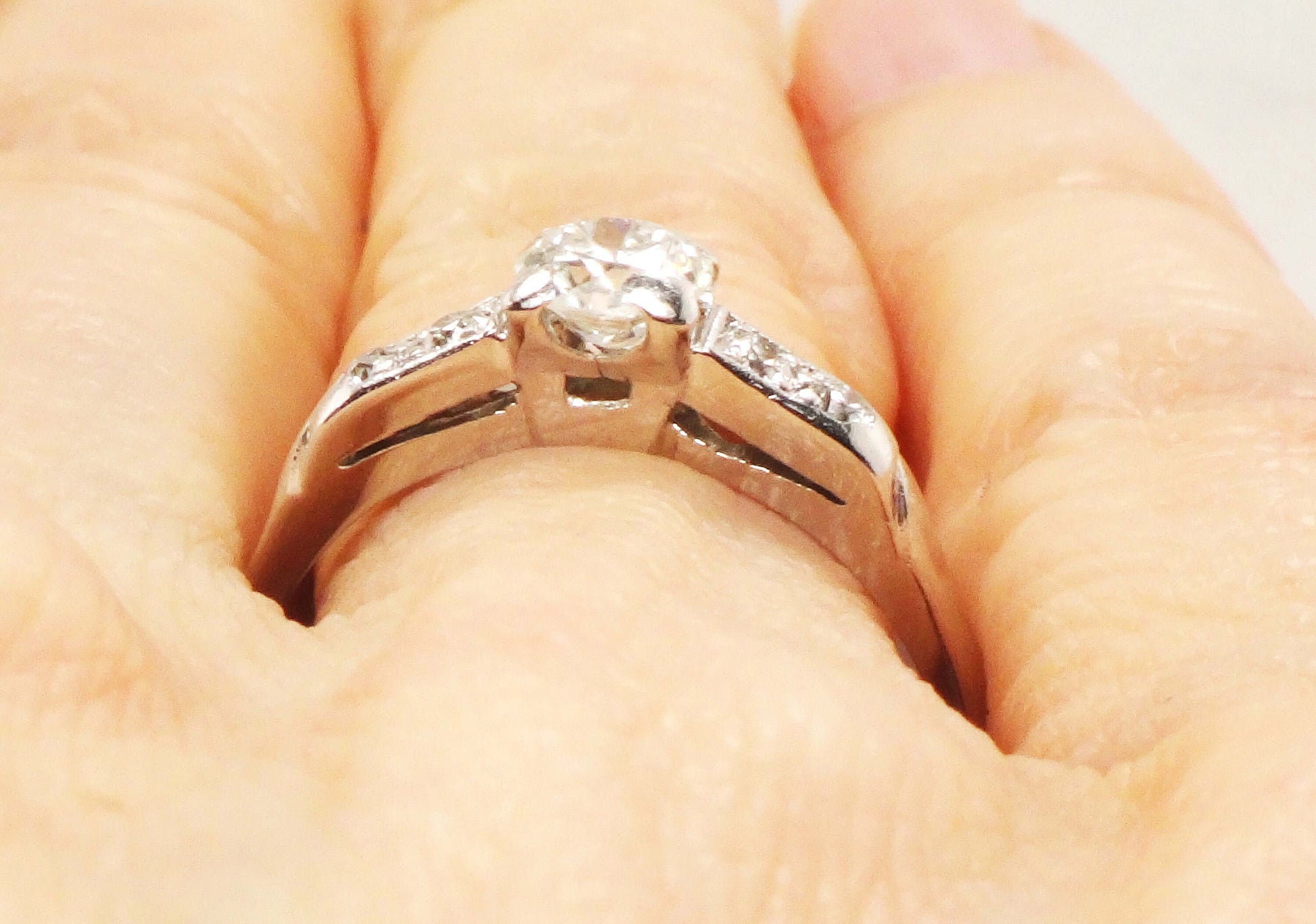 Vintage Platinum Diamond Engagement Ring: Transitional Cut, Circa 1940s, Size 7.5