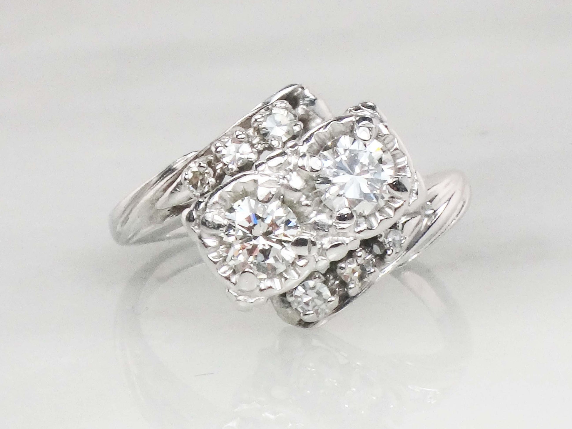 Vintage 14k Toi et Moi Natural Diamond Ring White Gold Two Diamond Ring .75 Carat TDW Anniversary Ring