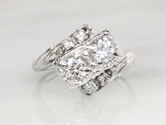 Vintage 14k Toi et Moi Natural Diamond Ring White Gold Two Diamond Ring .75 Carat TDW Anniversary Ring