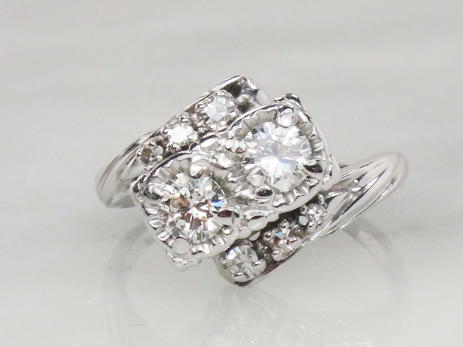 Vintage 14k Toi et Moi Natural Diamond Ring White Gold Two Diamond Ring .75 Carat TDW Anniversary Ring
