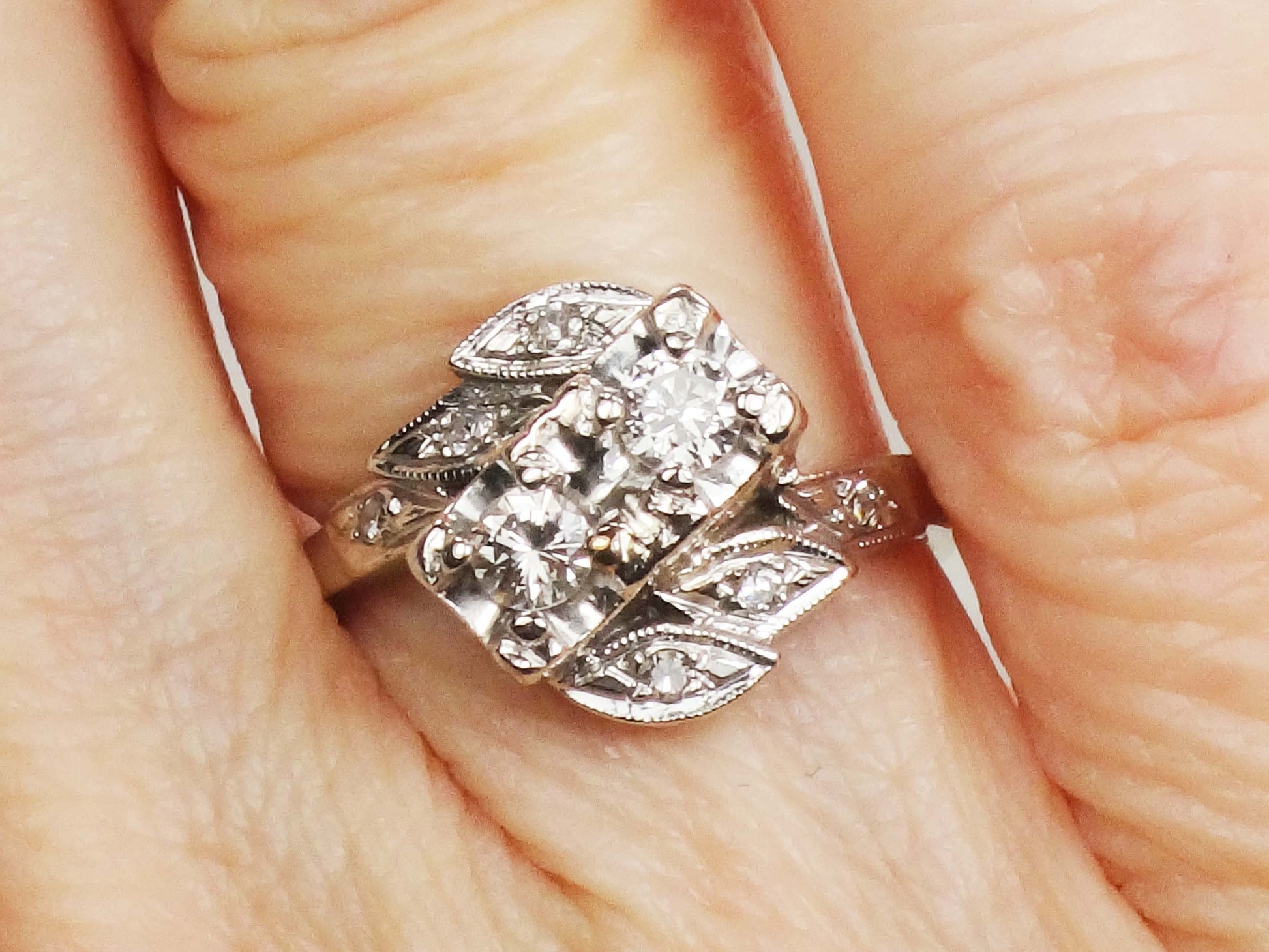 Vintage 14k Diamond Toi et Moi Ring Two Stone White Gold Natural Diamond Ring Approximately .36 Carat TDW Anniversary Ring