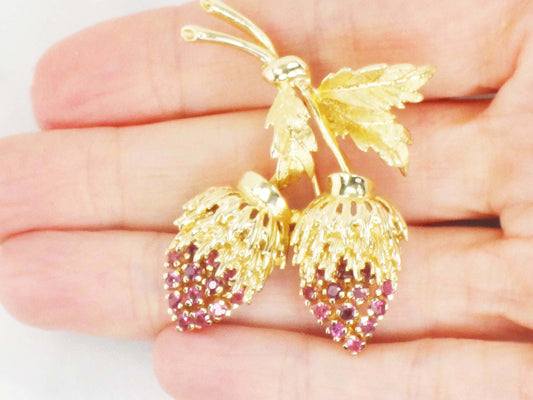 14k Yellow Gold Natural Ruby Strawberries Pin Large Jeweled Pin - Vintage Gold Brooch