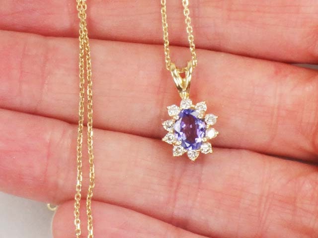 Vintage 14k Tanzanite Diamond Halo Pendant Necklace - 18"