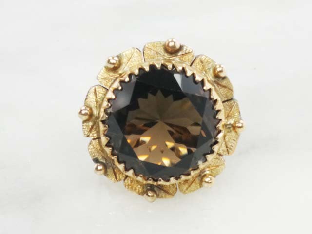 Vintage Large 14k Yellow Gold Floral Smoky Quartz Ring Round Brown Stone Ring Approx. 20 CTS Size 6.25