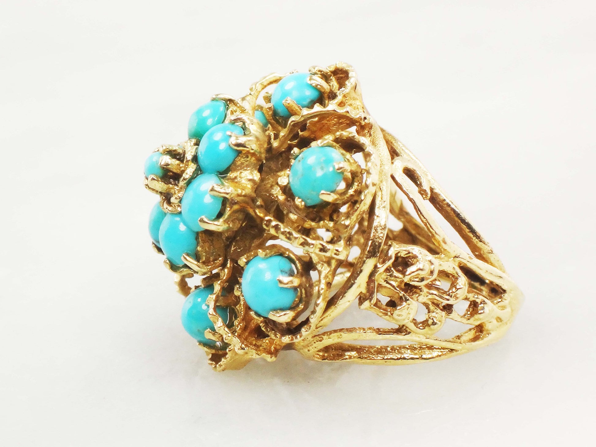 Vintage Large 14k Yellow Gold Turquoise Dome Pinky Ring Size 3