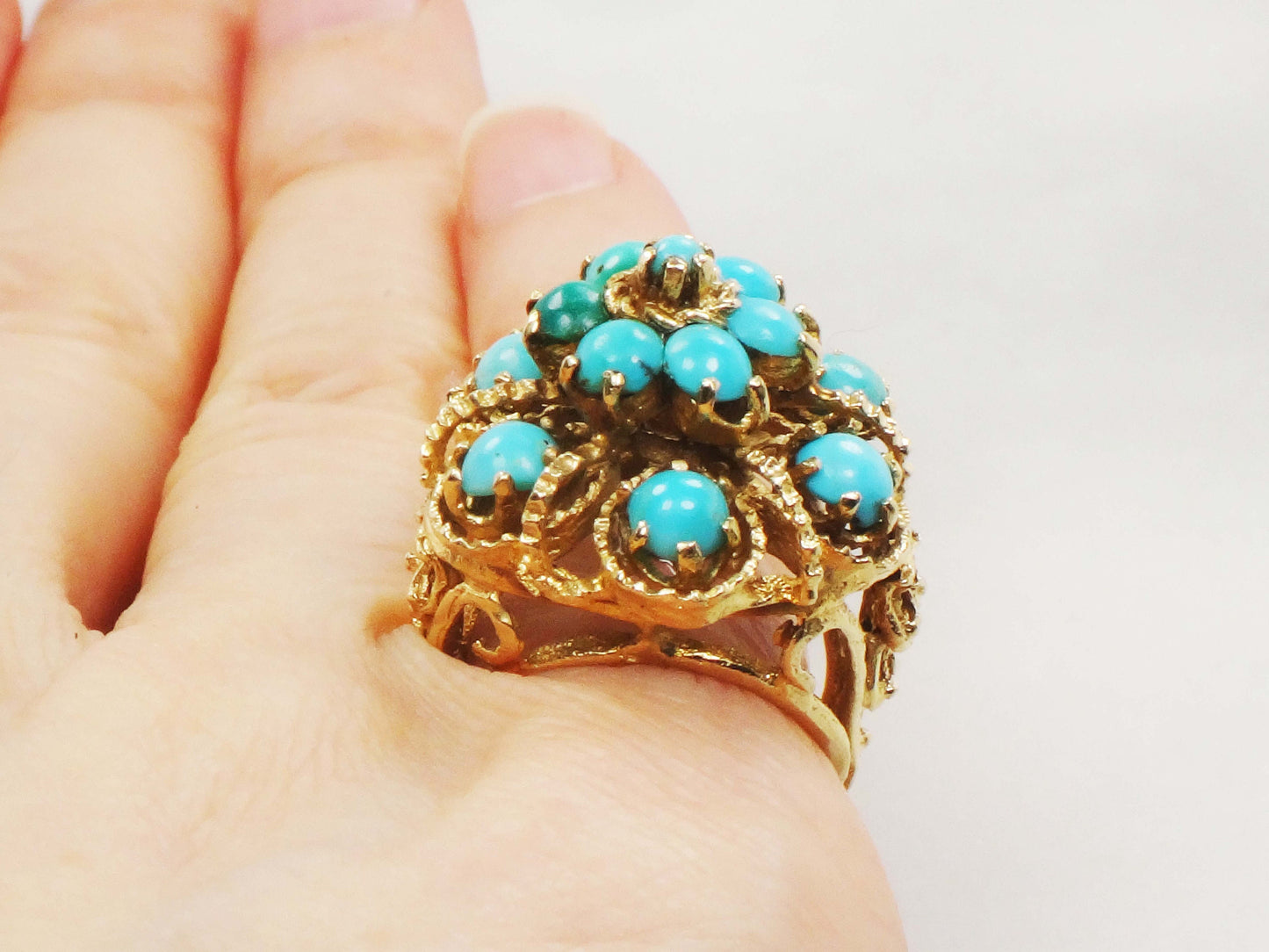 Vintage Large 14k Yellow Gold Turquoise Dome Pinky Ring Size 3