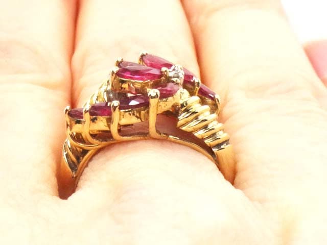 Vintage 14k Gold Ruby Ring with Diamonds: Marquise Floral Design, Size 6.5