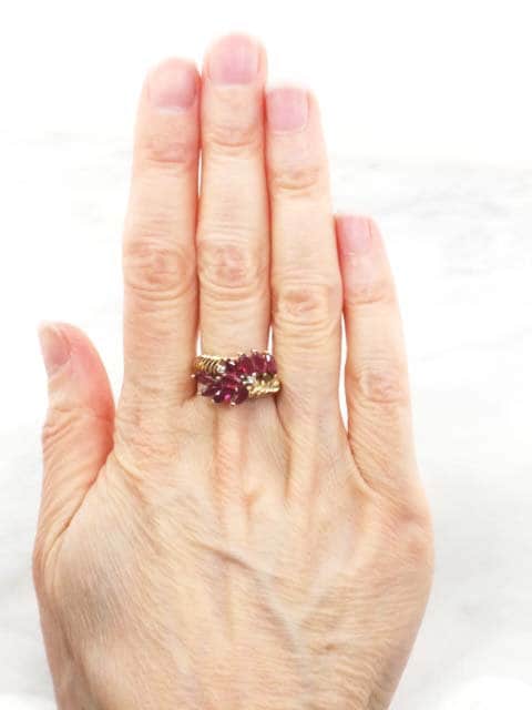 Vintage 14k Gold Ruby Ring with Diamonds: Marquise Floral Design, Size 6.5