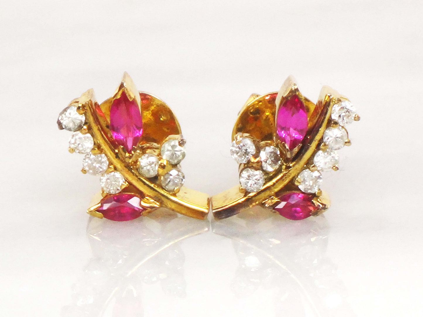 Vintage 14k Yellow Gold Ruby and Diamond Earrings, Fancy Floral Stud Earrings with July Birthstone
