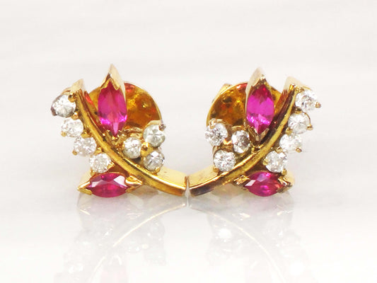 Vintage 14k Yellow Gold Ruby and Diamond Earrings, Fancy Floral Stud Earrings with July Birthstone