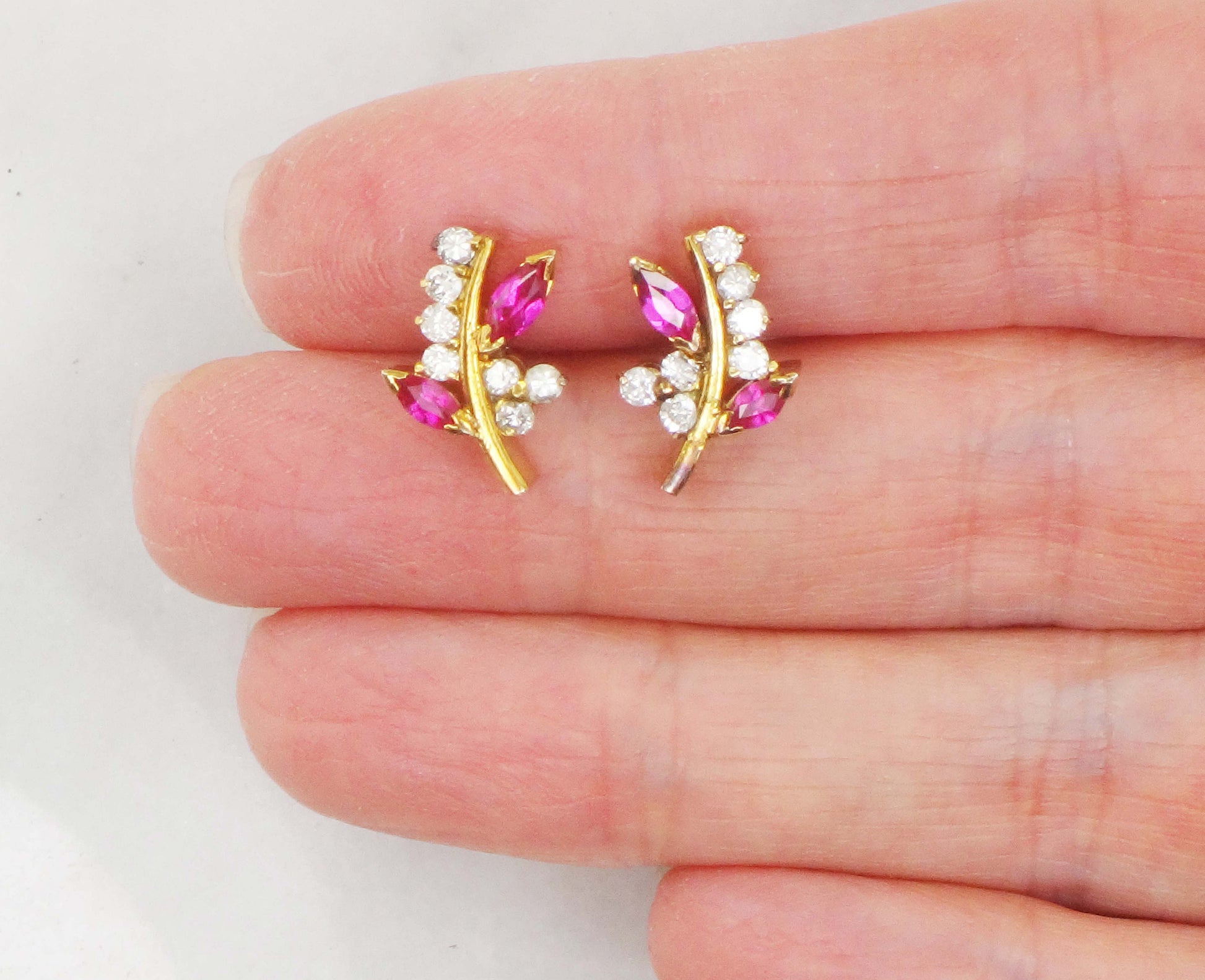 Vintage 14k Yellow Gold Ruby and Diamond Earrings, Fancy Floral Stud Earrings with July Birthstone