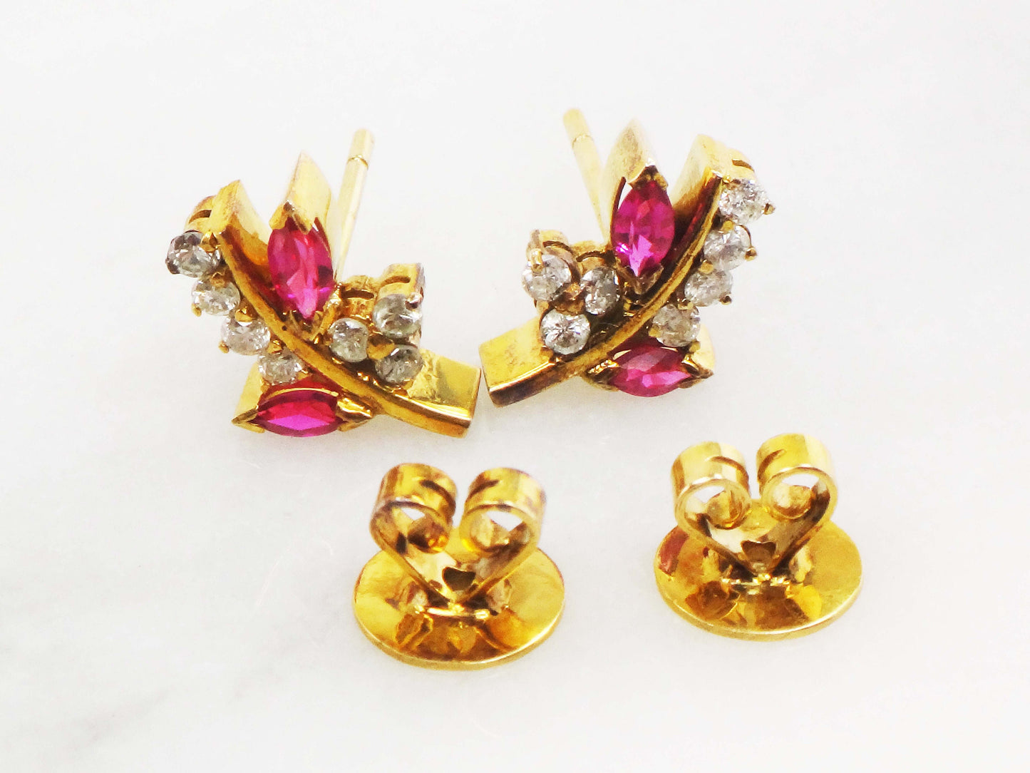 Vintage 14k Yellow Gold Ruby and Diamond Earrings, Fancy Floral Stud Earrings with July Birthstone