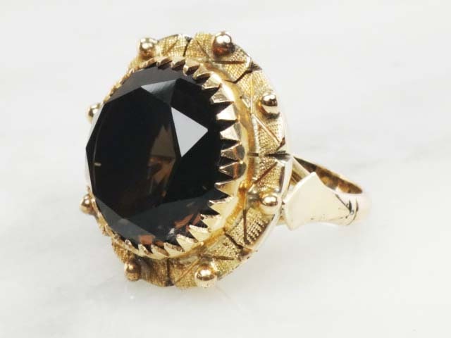 Vintage Large 14k Yellow Gold Floral Smoky Quartz Ring Round Brown Stone Ring Approx. 20 CTS Size 6.25