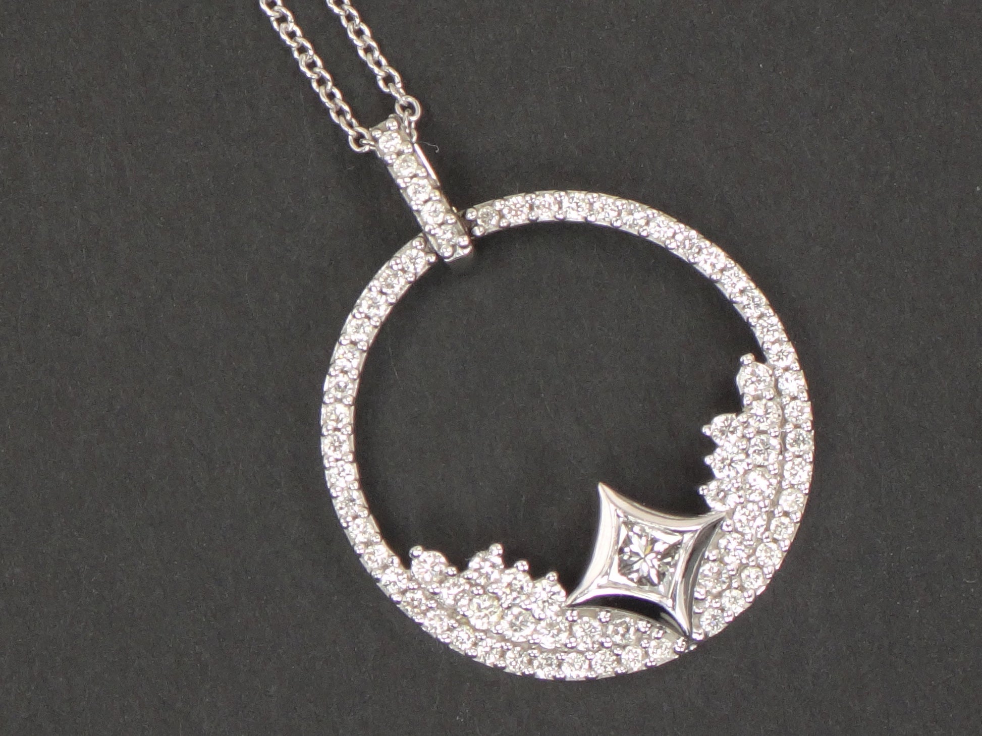 Vintage 14k Gold Natural Diamond Circle Necklace 1 CT TDW Diamond Star Design Pendant White Gold Round Diamond Necklace 18" Bridal