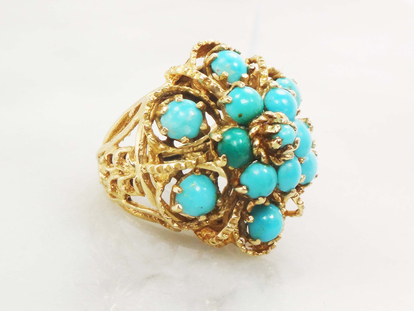 Vintage Large 14k Yellow Gold Turquoise Dome Pinky Ring Size 3