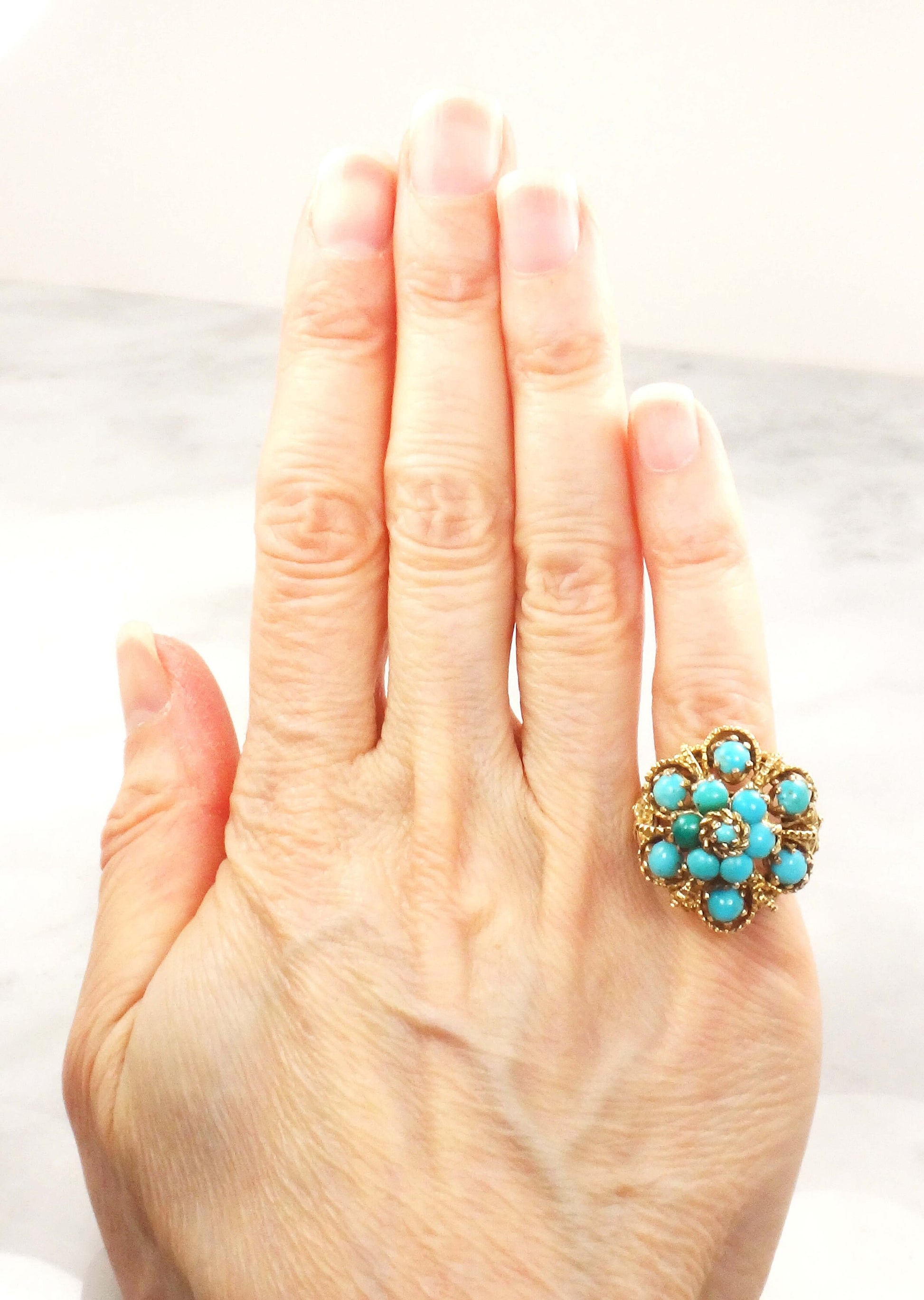 Vintage Large 14k Yellow Gold Turquoise Dome Pinky Ring Size 3