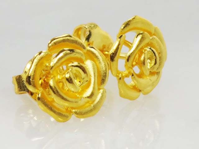 Vintage Yellow Gold Flower Stud Earrings, 21.6k 900 Gold Rose Stud Earrings