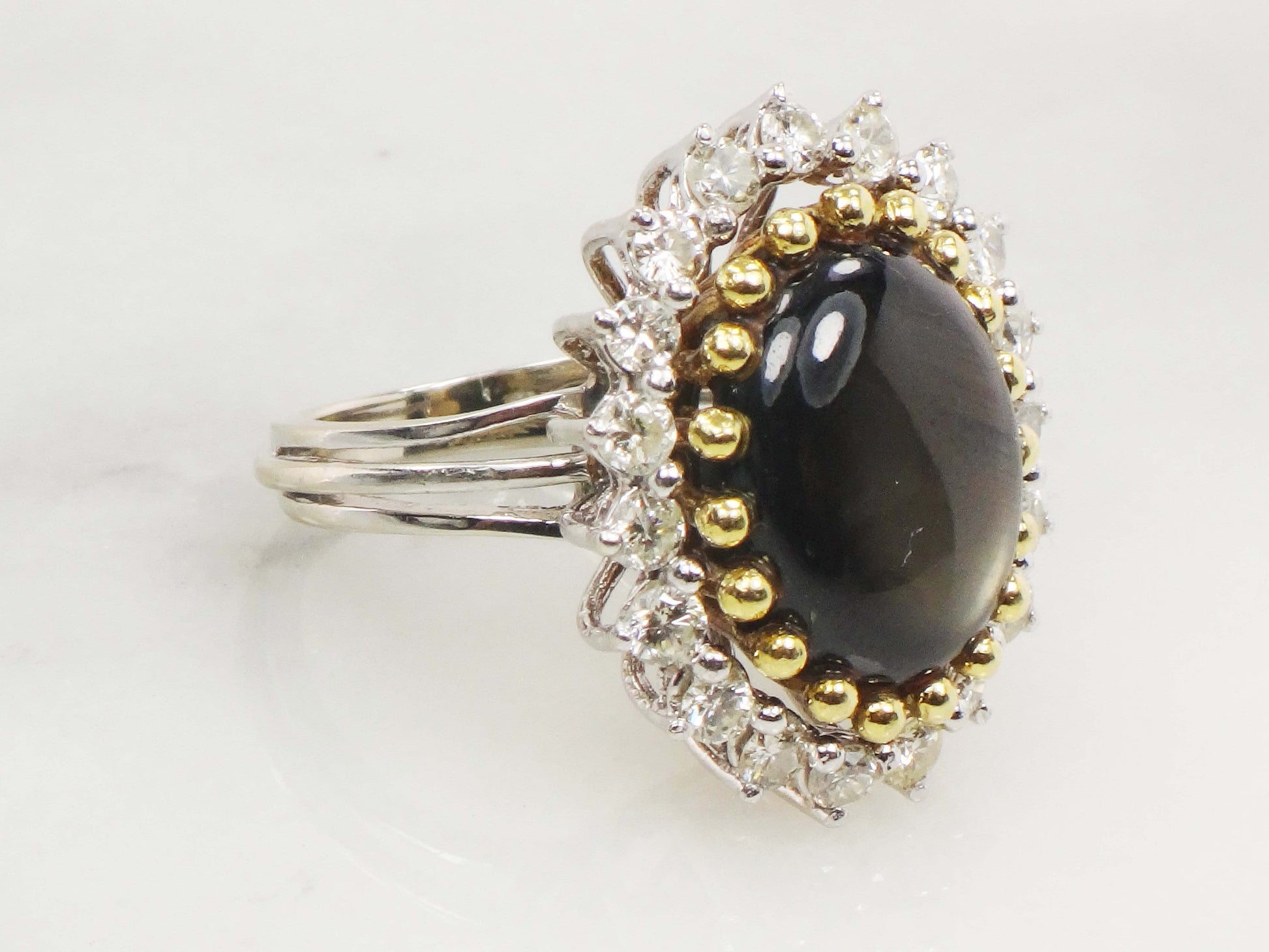 Vintage 13 CT Natural Black Star Sapphire Ring with Diamond Halo 14k Two Tone Gold Ring Size 5.25