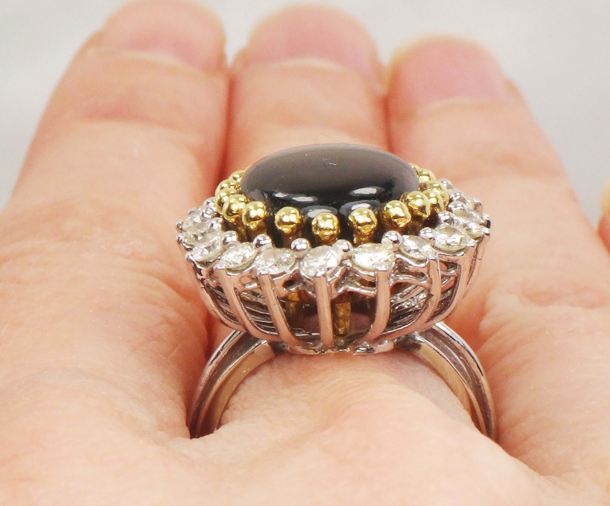 Vintage 13 CT Natural Black Star Sapphire Ring with Diamond Halo 14k Two Tone Gold Ring Size 5.25