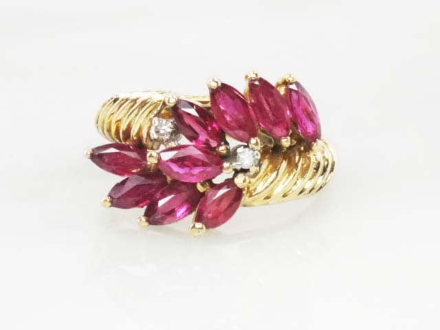 Vintage 14k Gold Ruby Ring with Diamonds: Marquise Floral Design, Size 6.5