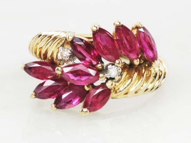 Vintage 14k Gold Ruby Ring with Diamonds: Marquise Floral Design, Size 6.5