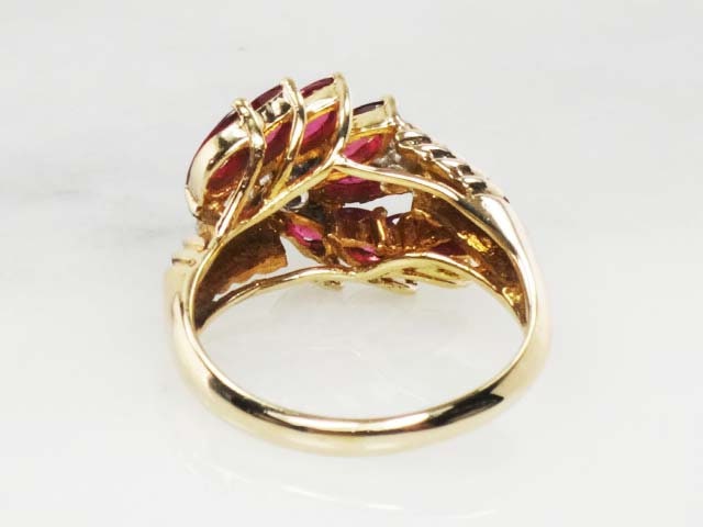 Vintage 14k Gold Ruby Ring with Diamonds: Marquise Floral Design, Size 6.5