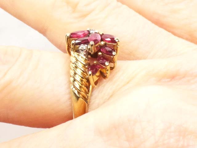 Vintage 14k Gold Ruby Ring with Diamonds: Marquise Floral Design, Size 6.5