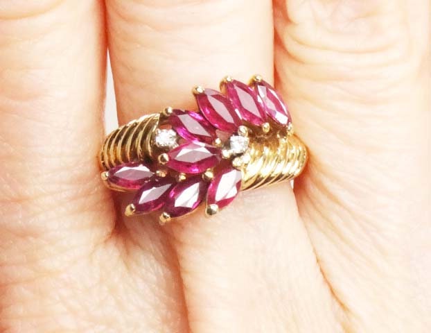 Vintage 14k Gold Ruby Ring with Diamonds: Marquise Floral Design, Size 6.5
