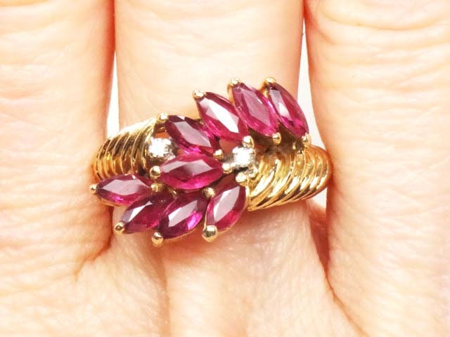 Vintage 14k Gold Ruby Ring with Diamonds: Marquise Floral Design, Size 6.5