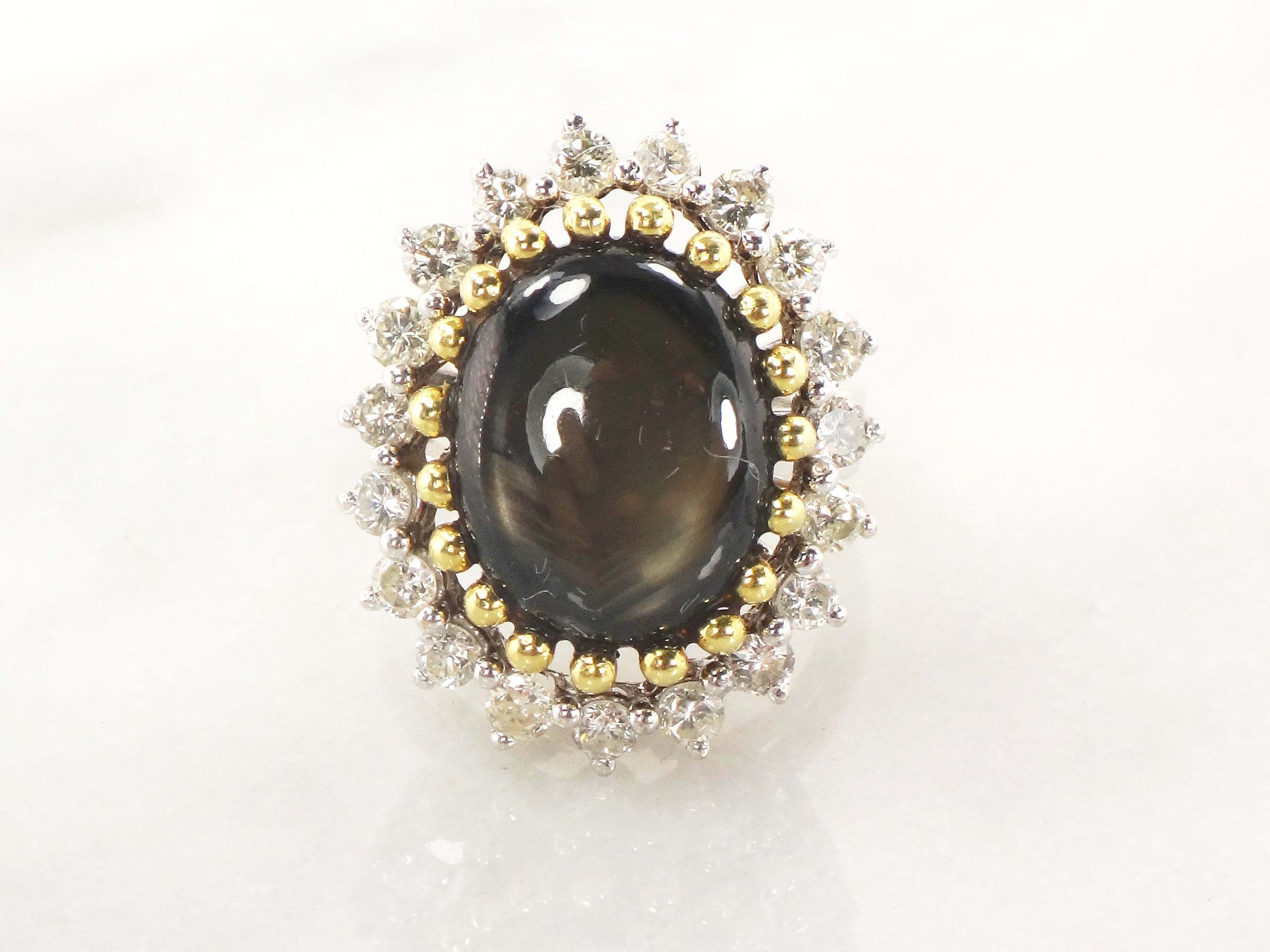 Vintage 13 CT Natural Black Star Sapphire Ring with Diamond Halo 14k Two Tone Gold Ring Size 5.25