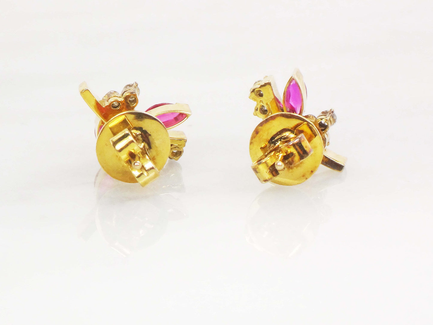 Vintage 14k Yellow Gold Ruby and Diamond Earrings, Fancy Floral Stud Earrings with July Birthstone
