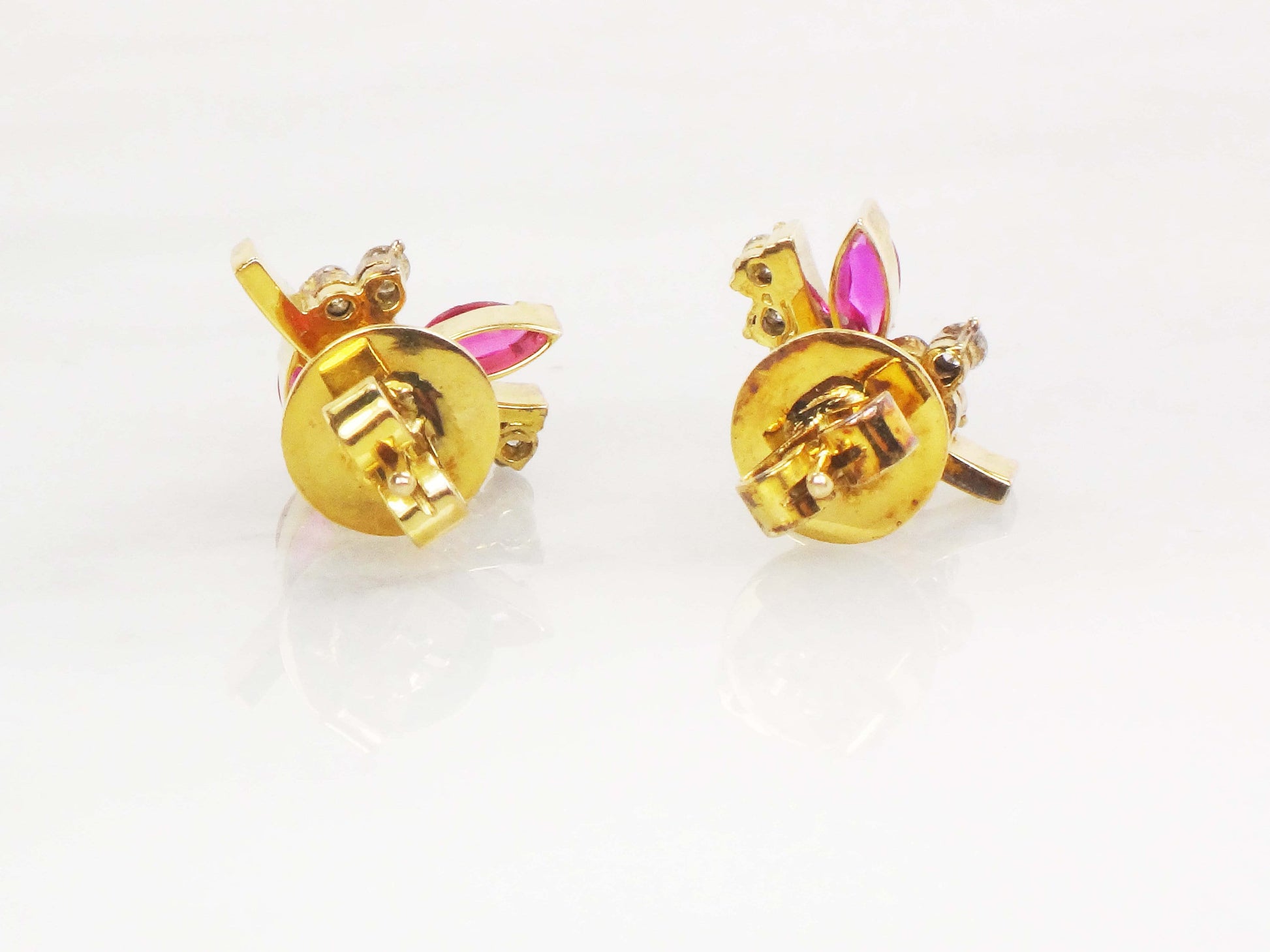 Vintage 14k Yellow Gold Ruby and Diamond Earrings, Fancy Floral Stud Earrings with July Birthstone