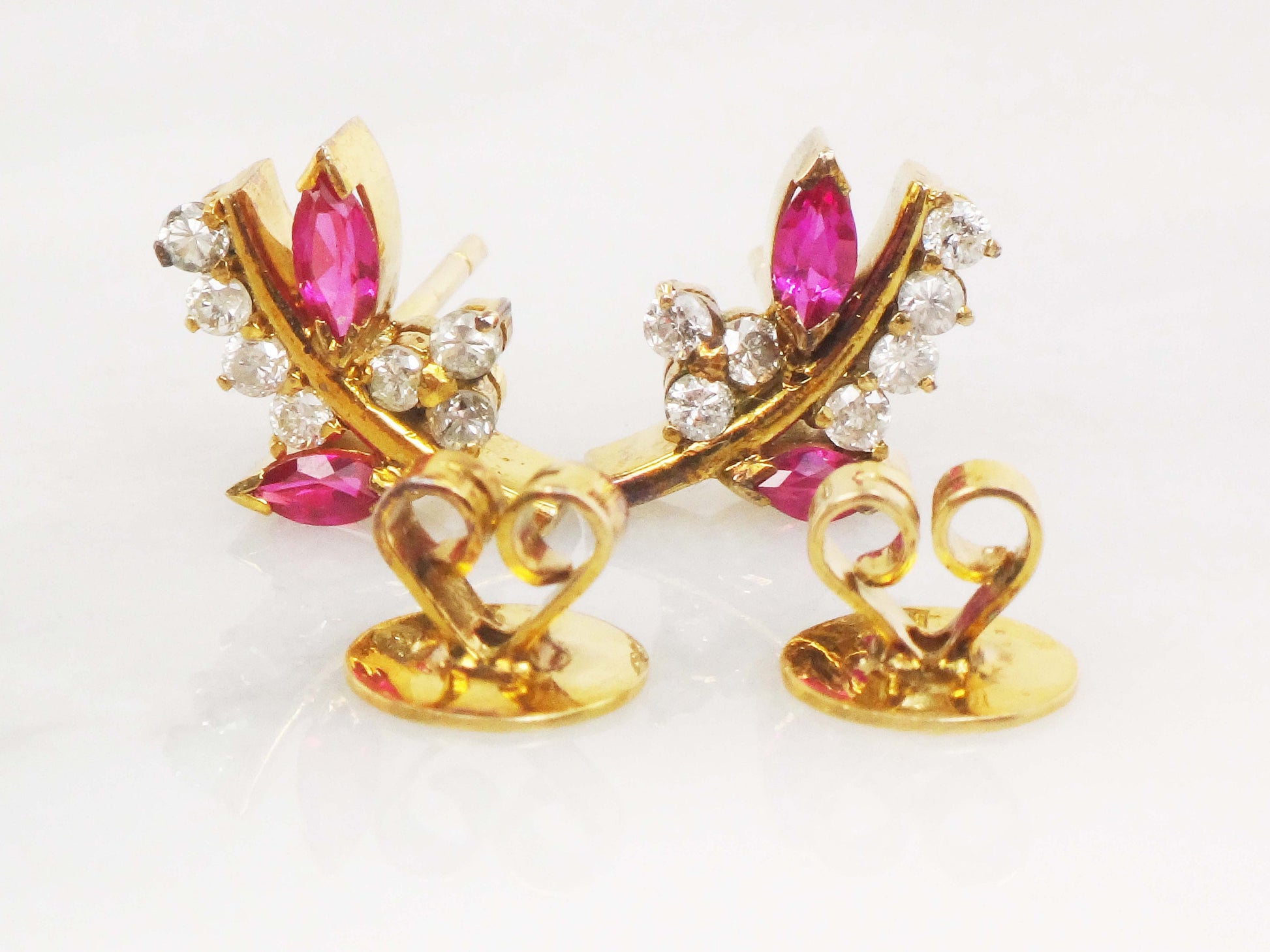 Vintage 14k Yellow Gold Ruby and Diamond Earrings, Fancy Floral Stud Earrings with July Birthstone