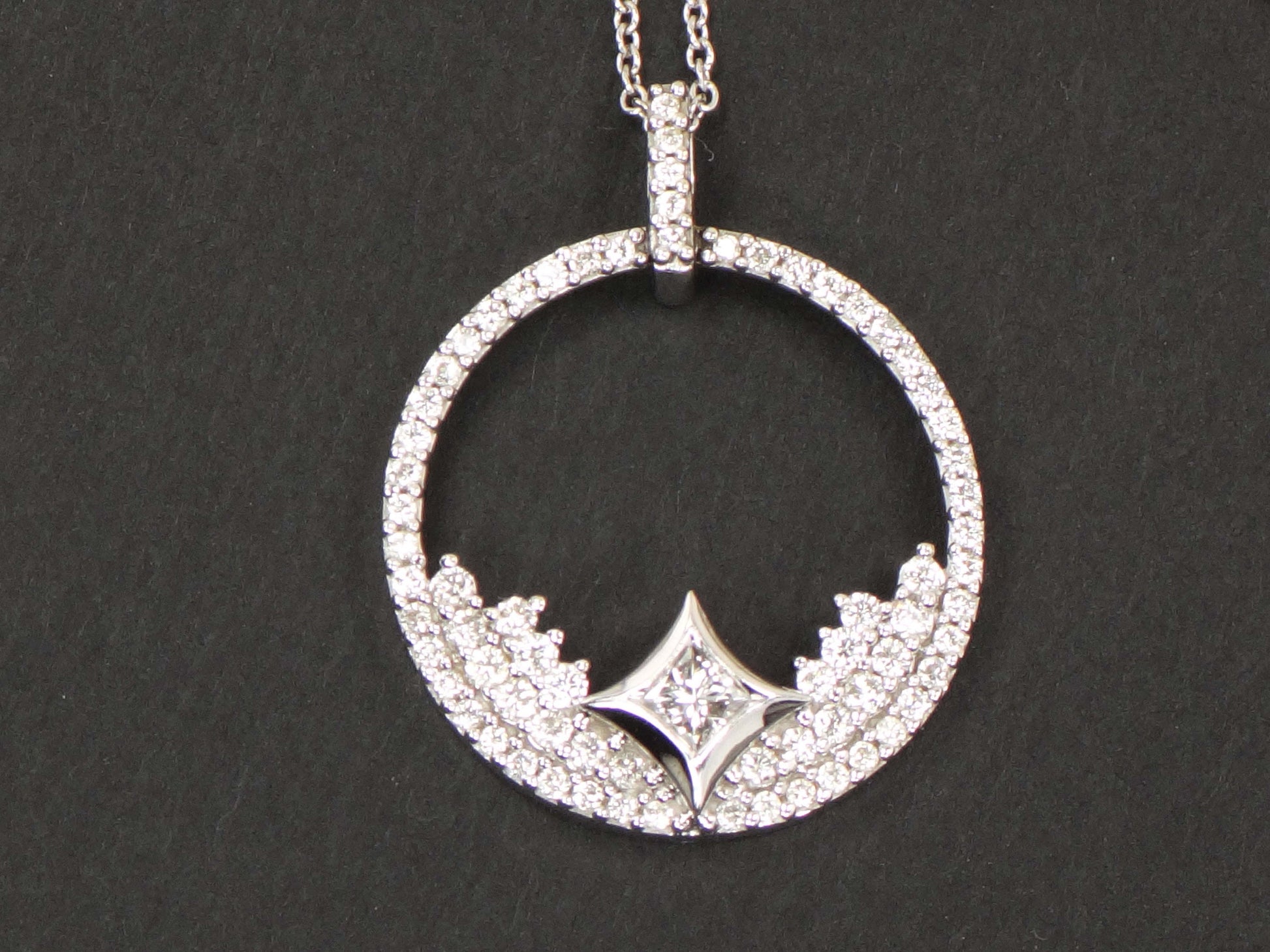 Vintage 14k Gold Natural Diamond Circle Necklace 1 CT TDW Diamond Star Design Pendant White Gold Round Diamond Necklace 18" Bridal