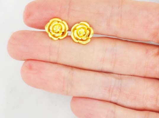 Vintage Yellow Gold Flower Stud Earrings, 21.6k 900 Gold Rose Stud Earrings