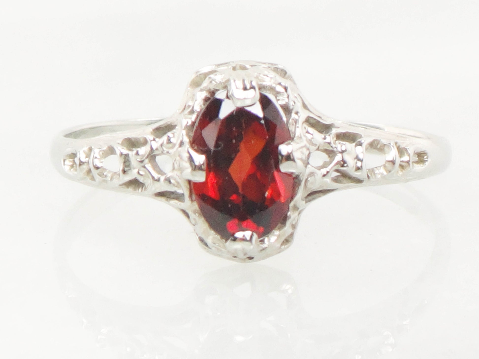 Vintage Art Deco 14k White Gold Garnet Filigree Ring, January Birthstone Ring, Pinky Ring Size 3.5