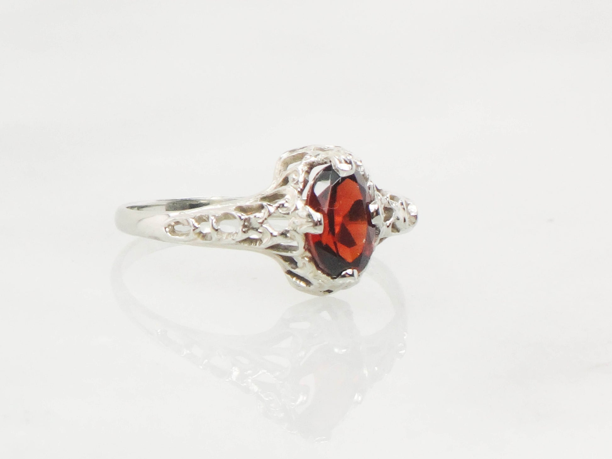 Vintage Art Deco 14k White Gold Garnet Filigree Ring, January Birthstone Ring, Pinky Ring Size 3.5