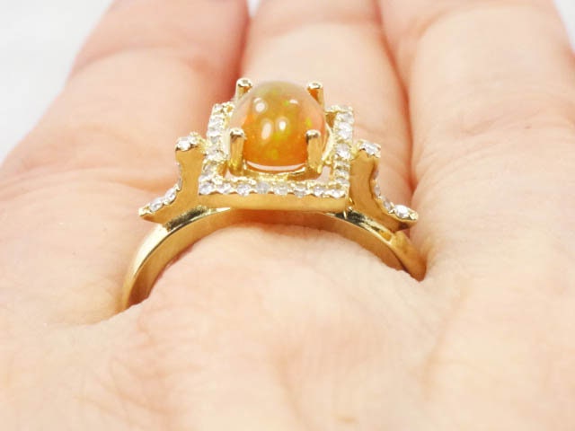 Vintage 14k Fire Opal Diamond Ring Yellow Gold Orange Precious Fire Opal Ring Size 7