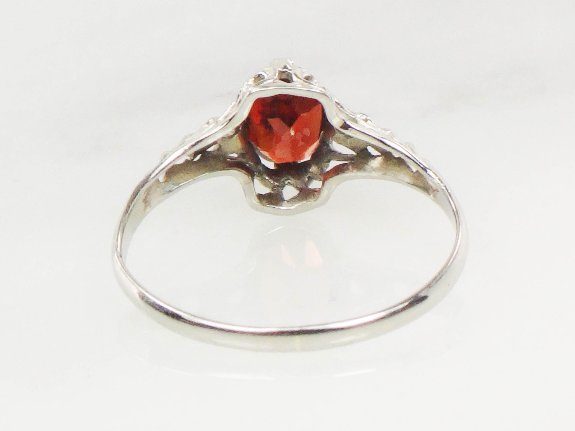 Vintage Art Deco 14k White Gold Garnet Filigree Ring, January Birthstone Ring, Pinky Ring Size 3.5