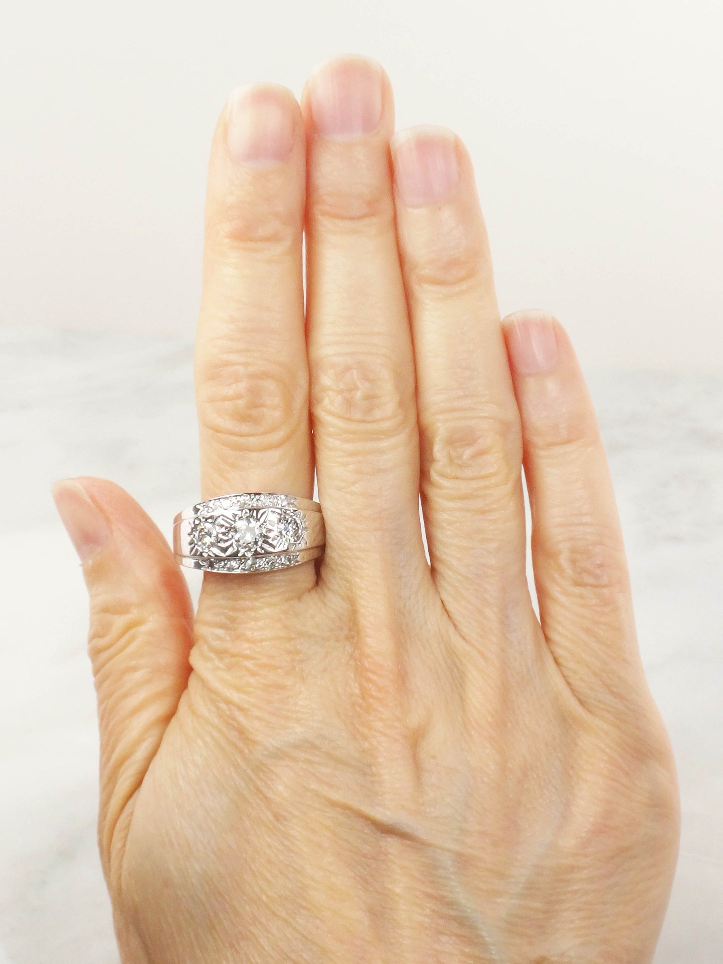 Vintage 14k White Gold Diamond Sunburst Band Ring - Over 1 Carat, Size 11