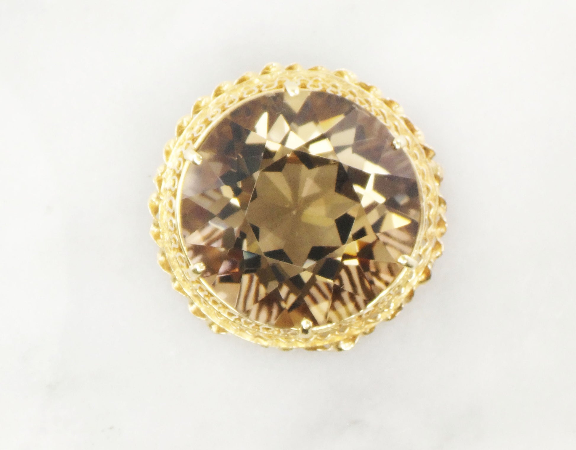 Vintage Large 14k Gold Round Smoky Citrine Quartz Pendant or Pin Approximately 80 Carats