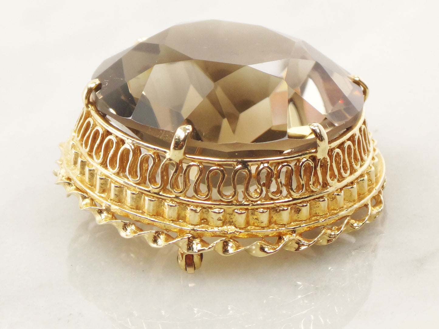 Vintage Large 14k Gold Round Smoky Citrine Quartz Pendant or Pin Approximately 80 Carats