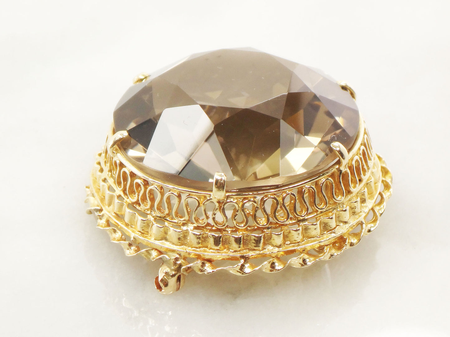 Vintage Large 14k Gold Round Smoky Citrine Quartz Pendant or Pin Approximately 80 Carats
