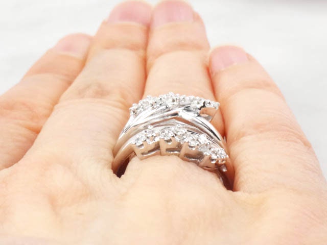 Vintage 14k White Gold Diamond Enhancer Ring: Wedding Band Insert, Size 6.25