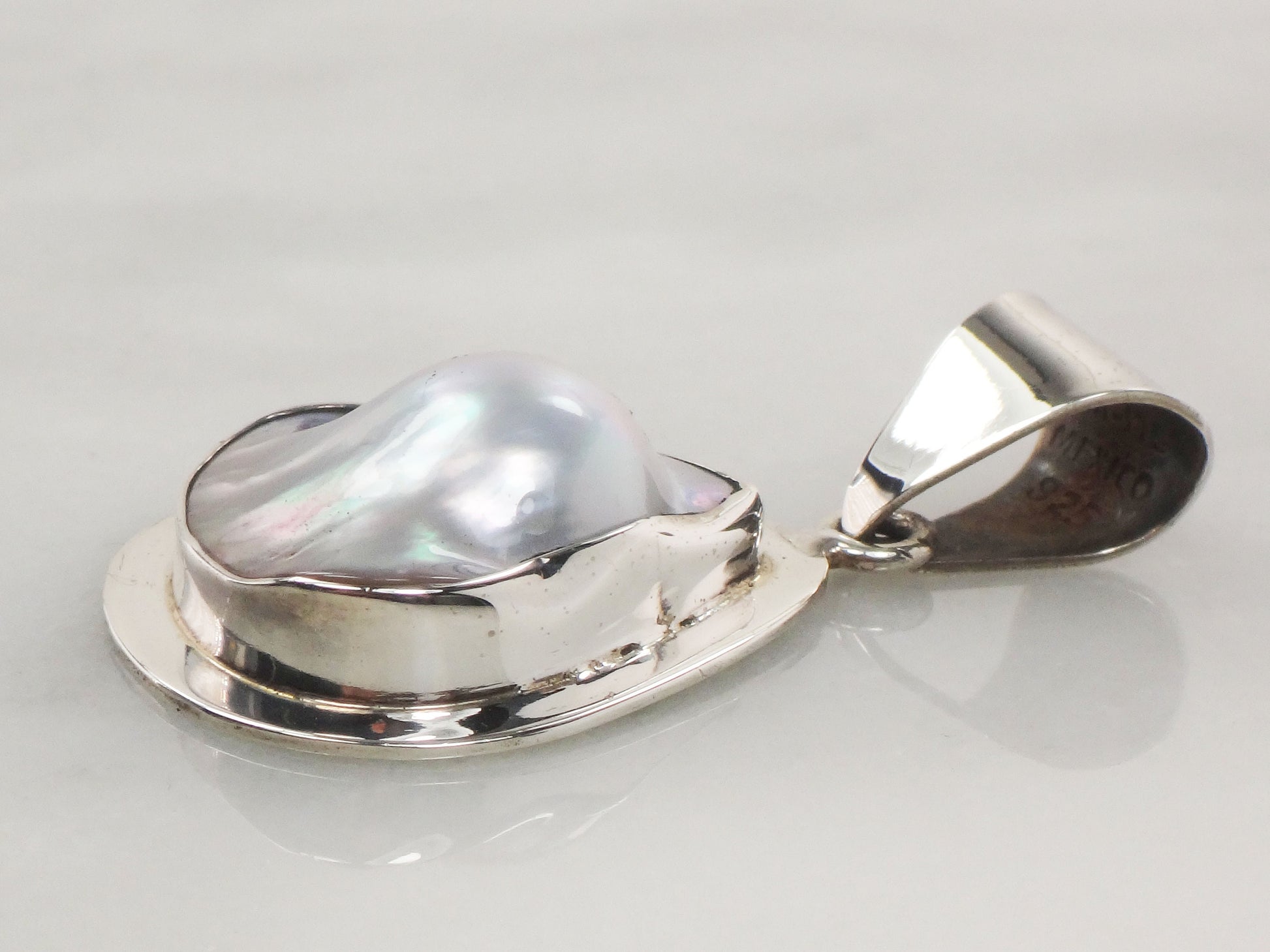 Vintage Large Sterling Silver Pearl Pendant Teardrop Shaped Gray Blister Pearl Pendant Mexio Sterling Pendant
