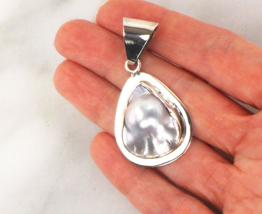 Vintage Large Sterling Silver Pearl Pendant Teardrop Shaped Gray Blister Pearl Pendant Mexio Sterling Pendant