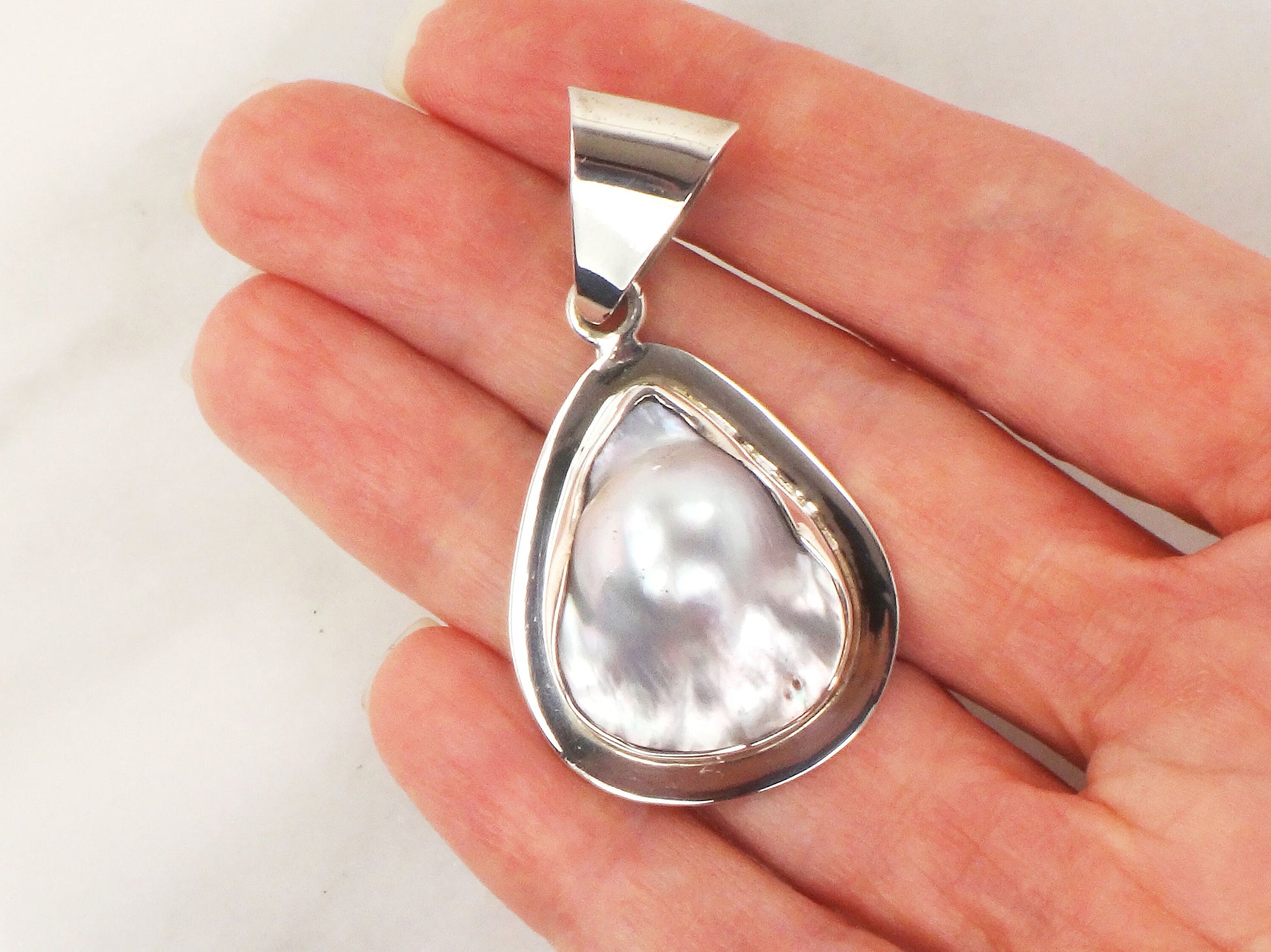 Vintage Large Sterling Silver Pearl Pendant Teardrop Shaped Gray Blister Pearl Pendant Mexio Sterling Pendant